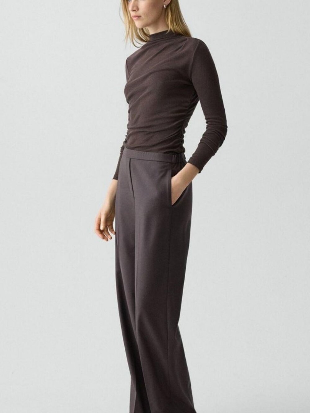 Theory Wide-Leg Pull-On Pant Sleek Flannel Cacao 6